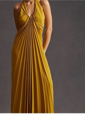 Anthropologie Mustard Halter Pleated Maxi Dress
